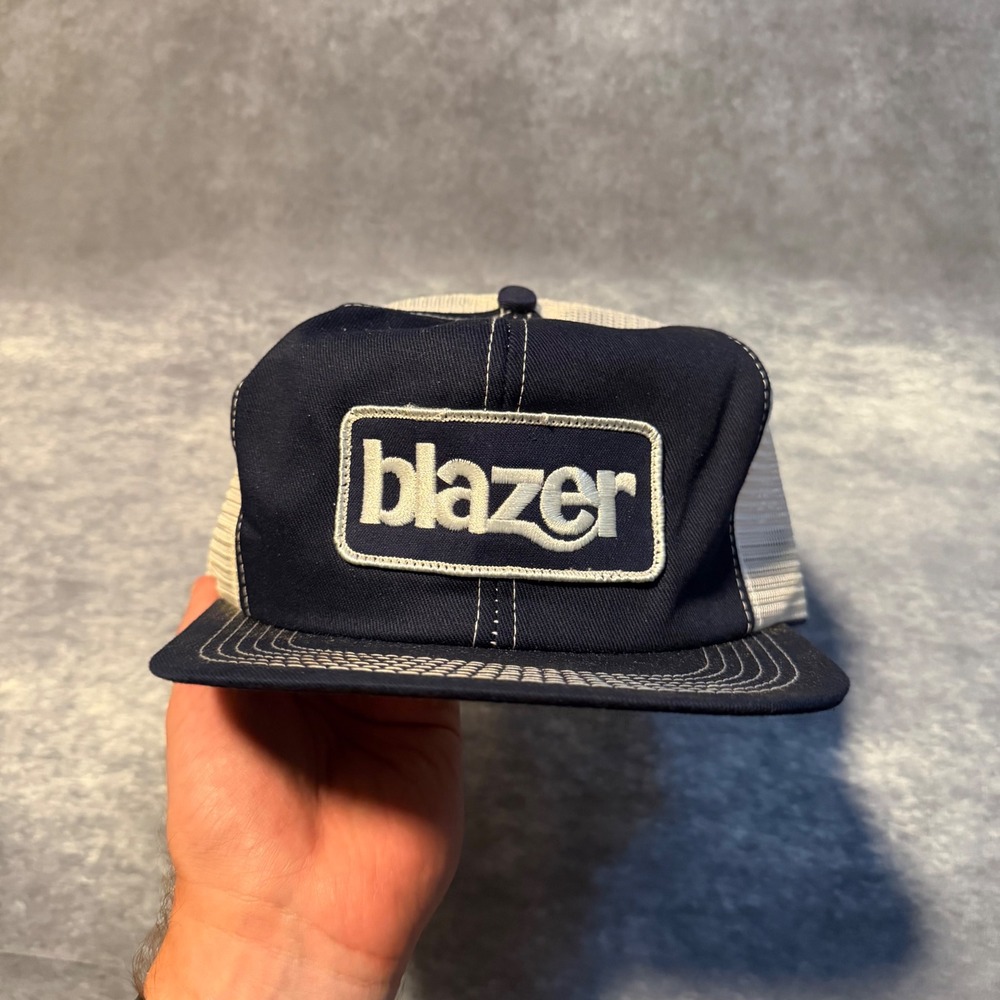 Vintage Blazer Trucker Hat Navy Blue White Mesh Snapback Cap Mens OSFA